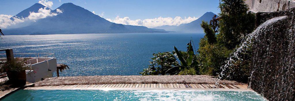 Infinity pool with waterfall and views of Lake Atitlan